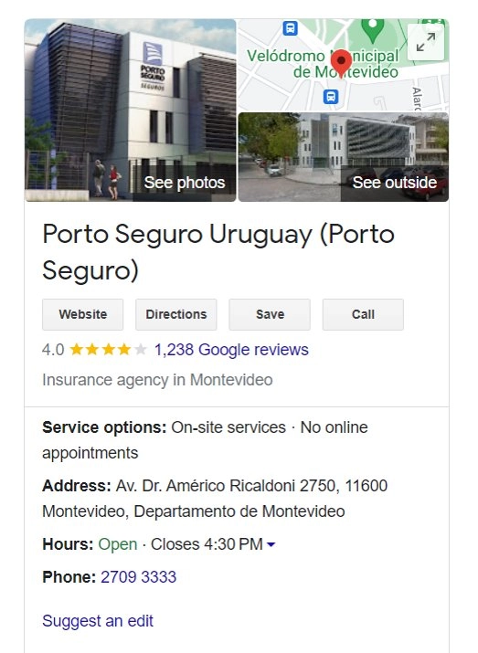 Ficha de Porto Seguro Uruguay en Google Reseñas.
